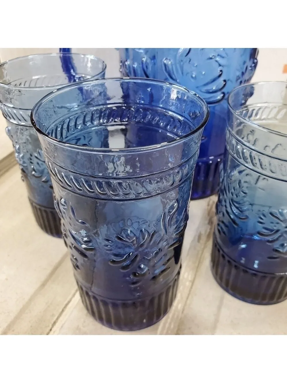 Vintage 4pc cobalt blue glass Pitcher & 3 glasses set floral leaf patterned